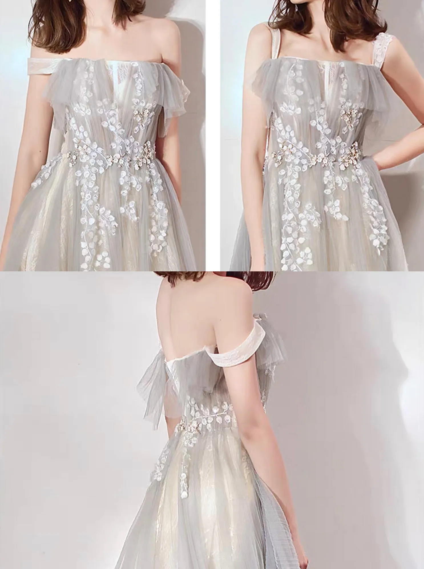 A-Line Off Shoulder Tulle Lace Long Prom Dress, Lace Long Evening Dress