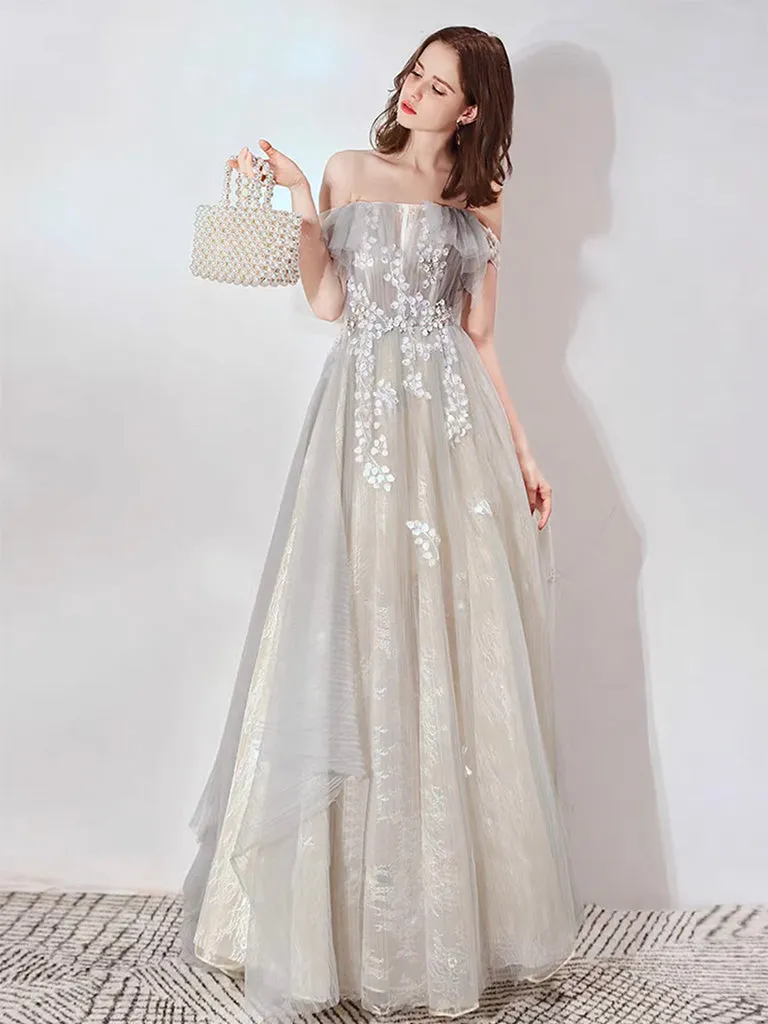A-Line Off Shoulder Tulle Lace Long Prom Dress, Lace Long Evening Dress