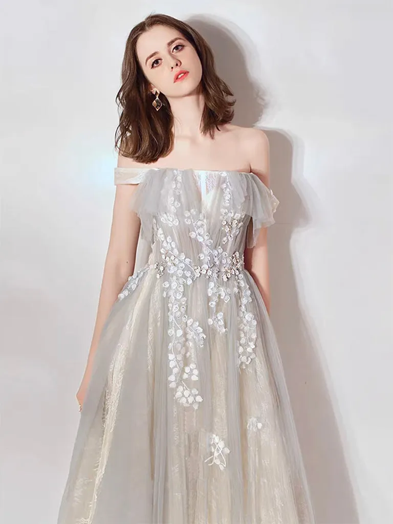 A-Line Off Shoulder Tulle Lace Long Prom Dress, Lace Long Evening Dress
