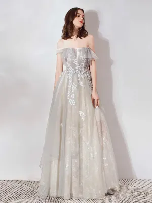 A-Line Off Shoulder Tulle Lace Long Prom Dress, Lace Long Evening Dress