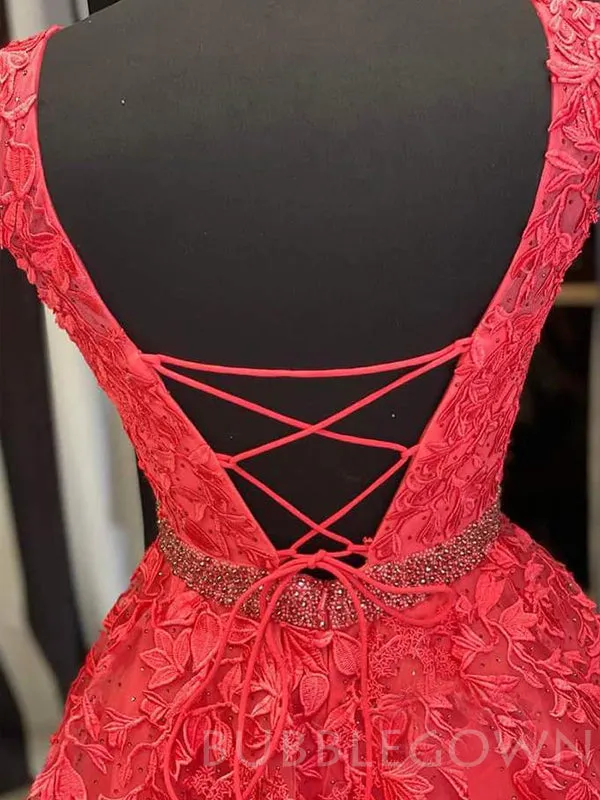 A-line Red Tulle Appliques Lace Bateau Long Evening Prom Dresses, Cheap Custom Prom Dresses, MR7885