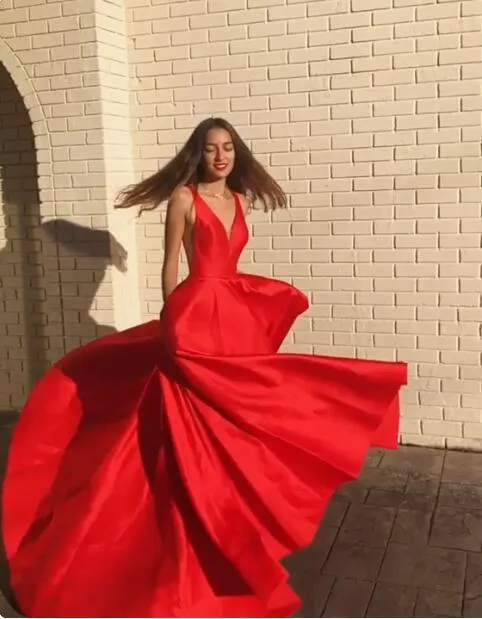 A-line Satin Red Prom Dress 2019 V-neckline Party Gowns