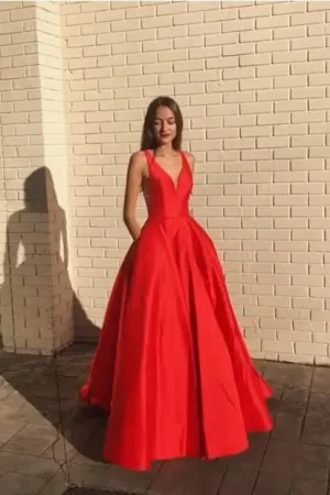 A-line Satin Red Prom Dress 2019 V-neckline Party Gowns