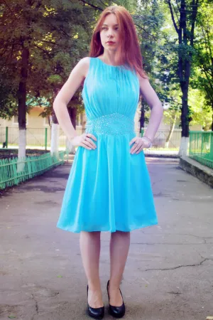 A-line Small Round Collar Knee Length Chiffon Beaded Prom Dress