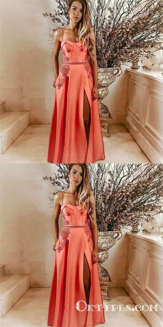 A-Line Spaghetti Straps Orange Long Prom Dresses with Pockets Appliques, TYP1671