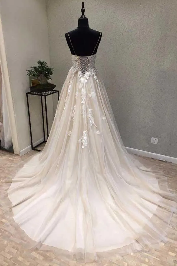 A-line Spaghetti Straps Wedding Dress with Lace Appliques, Wedding Gown, MW727