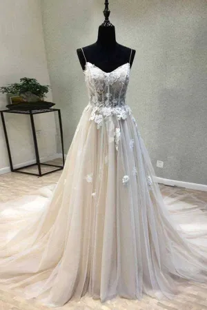 A-line Spaghetti Straps Wedding Dress with Lace Appliques, Wedding Gown, MW727