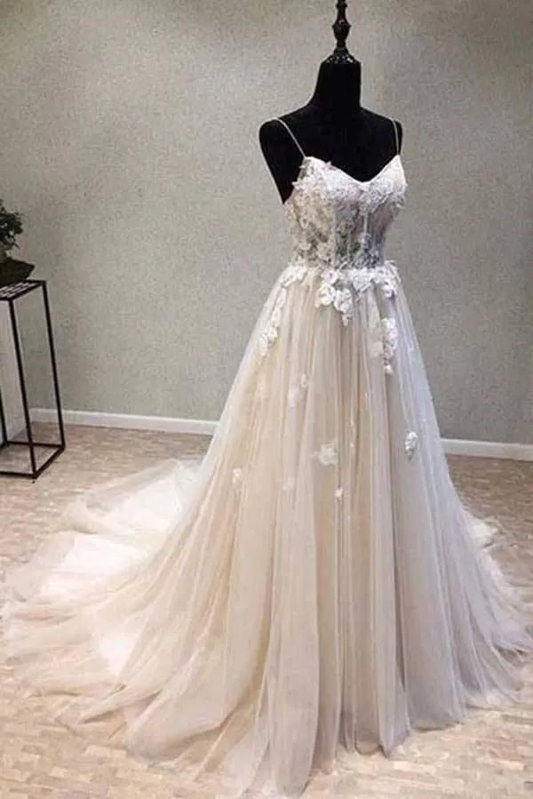 A-line Spaghetti Straps Wedding Dress with Lace Appliques, Wedding Gown, MW727
