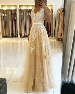 A Line V Neck Lace Champagne Prom Dresses Cheap