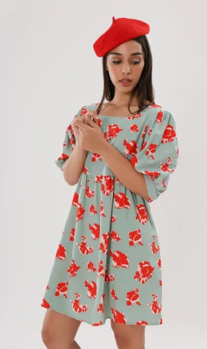 ALINA Floral-Print Puff-Sleeve Dress (Mint & Red)