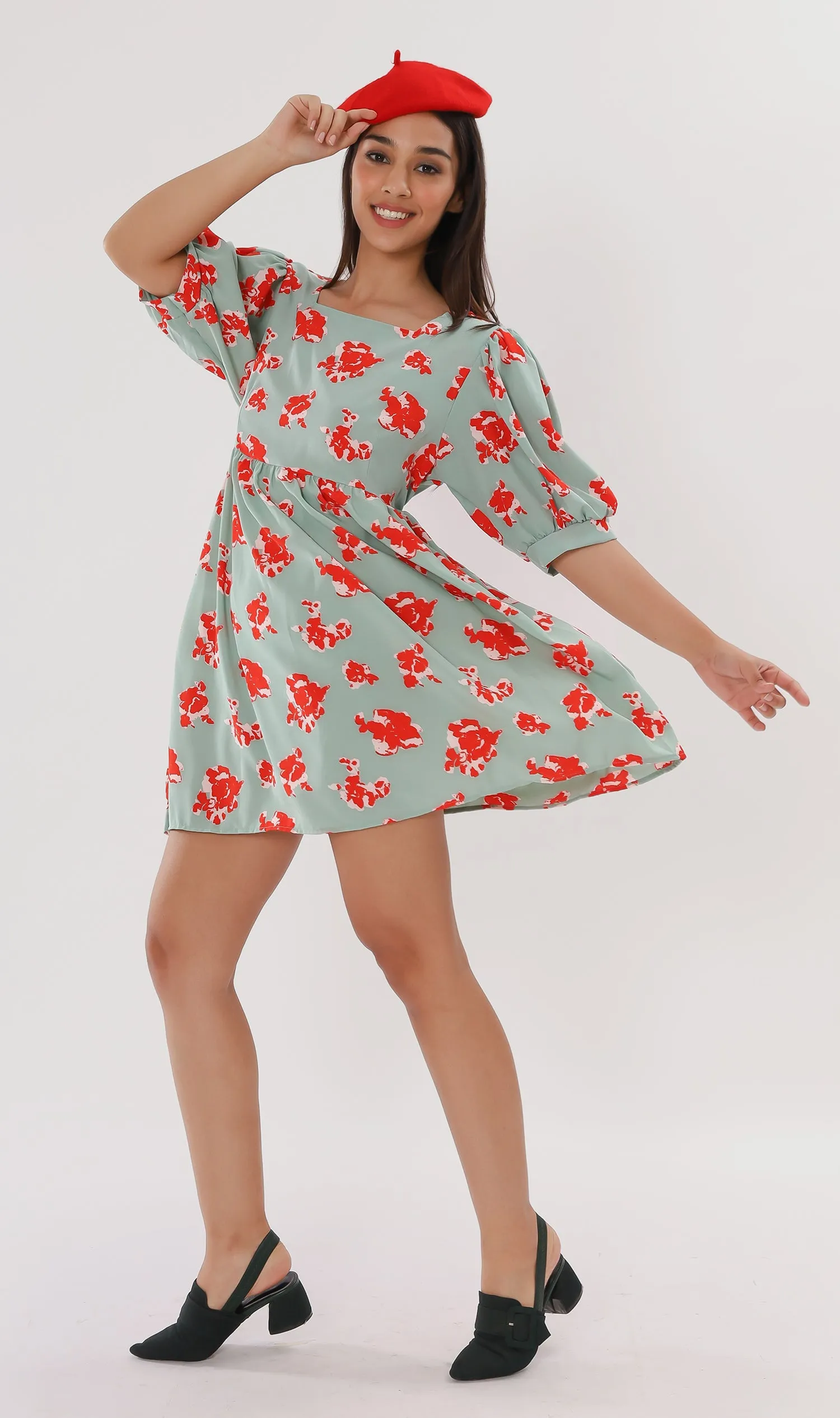 ALINA Floral-Print Puff-Sleeve Dress (Mint & Red)