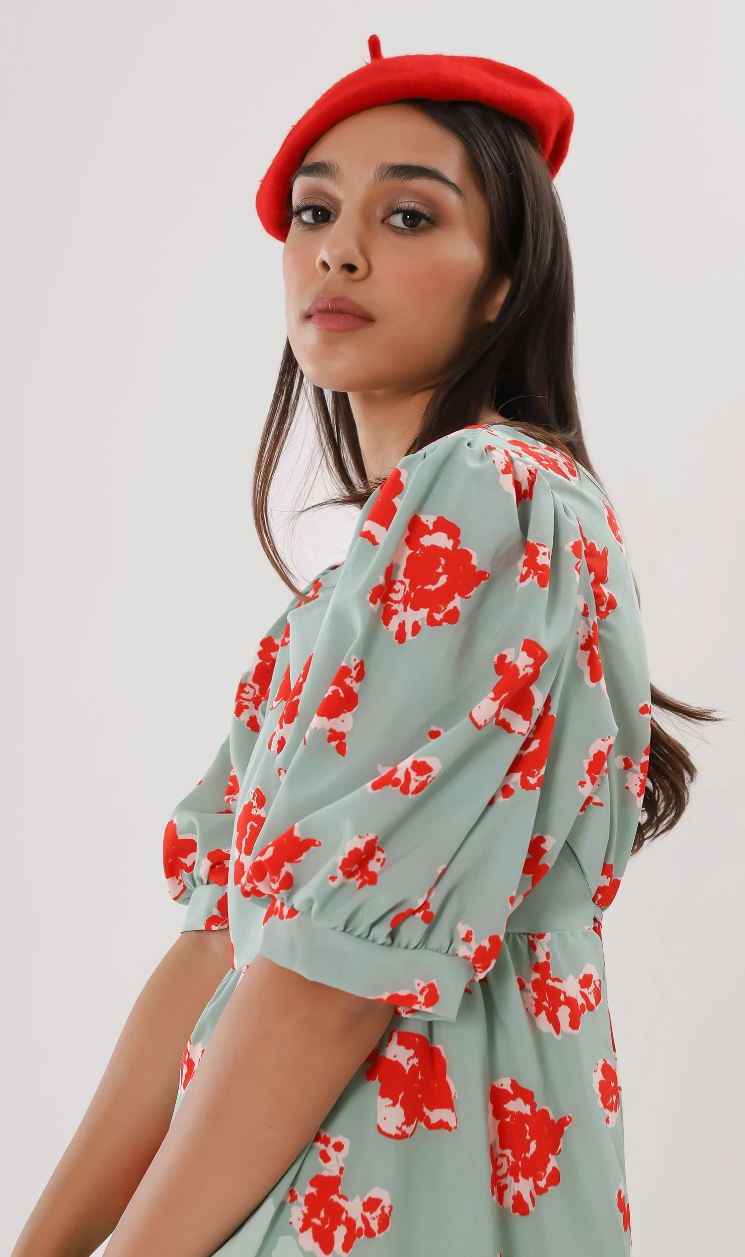ALINA Floral-Print Puff-Sleeve Dress (Mint & Red)