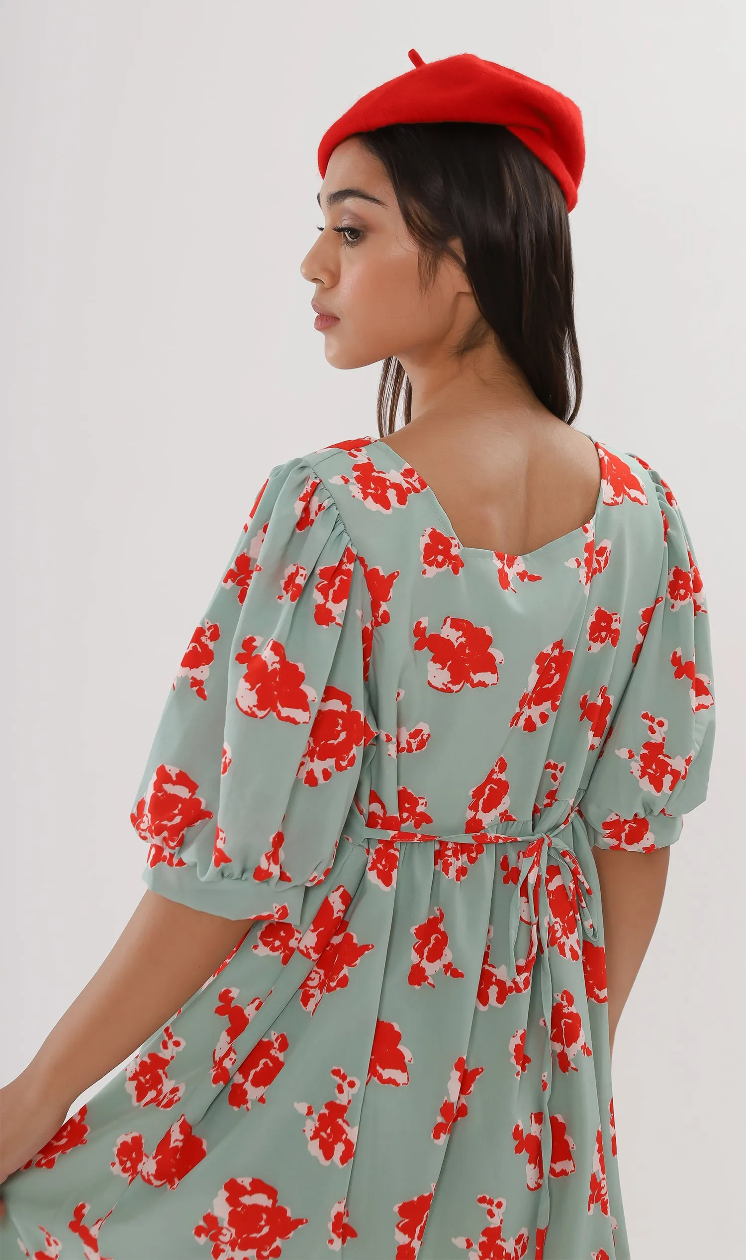 ALINA Floral-Print Puff-Sleeve Dress (Mint & Red)