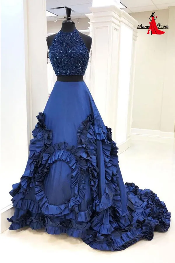 Anneprom Two Pieces Royal Blue Prom Dresses With Beads and Sequin Blue Evening Gowns Long Prom Dresses Evening Dresses APP0468