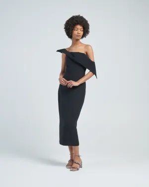 asymmetric wool silk midi dress black