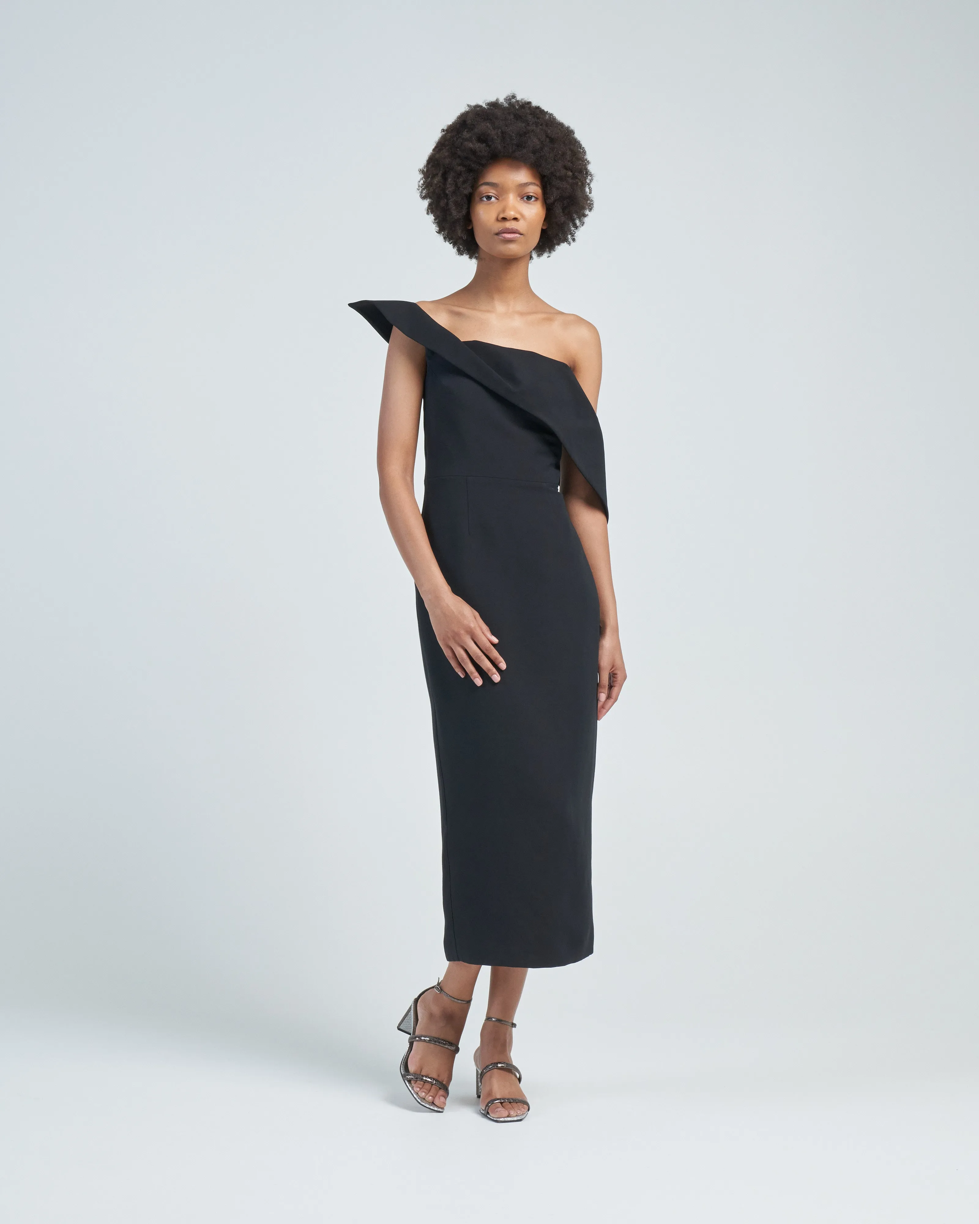 asymmetric wool silk midi dress black