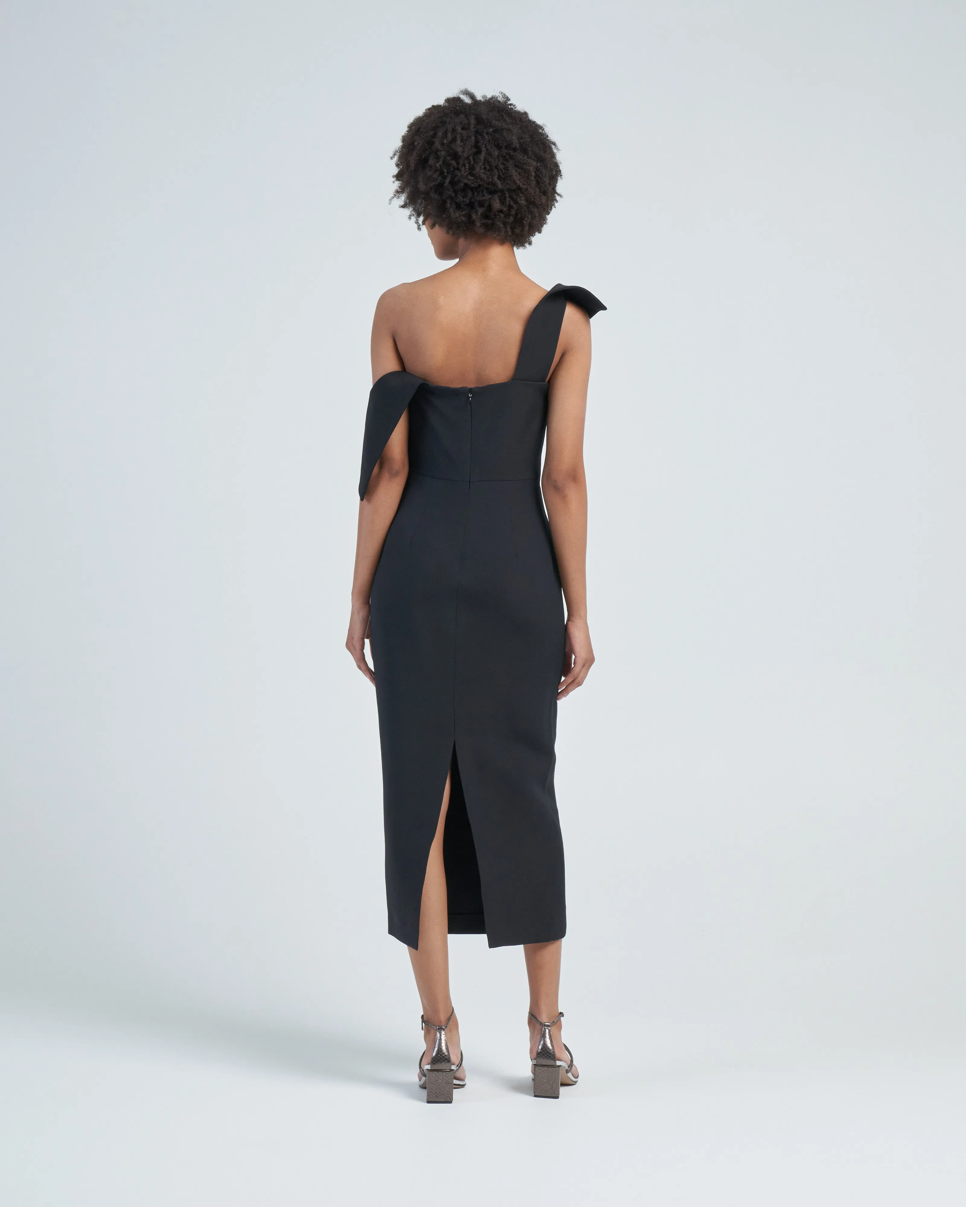 asymmetric wool silk midi dress black