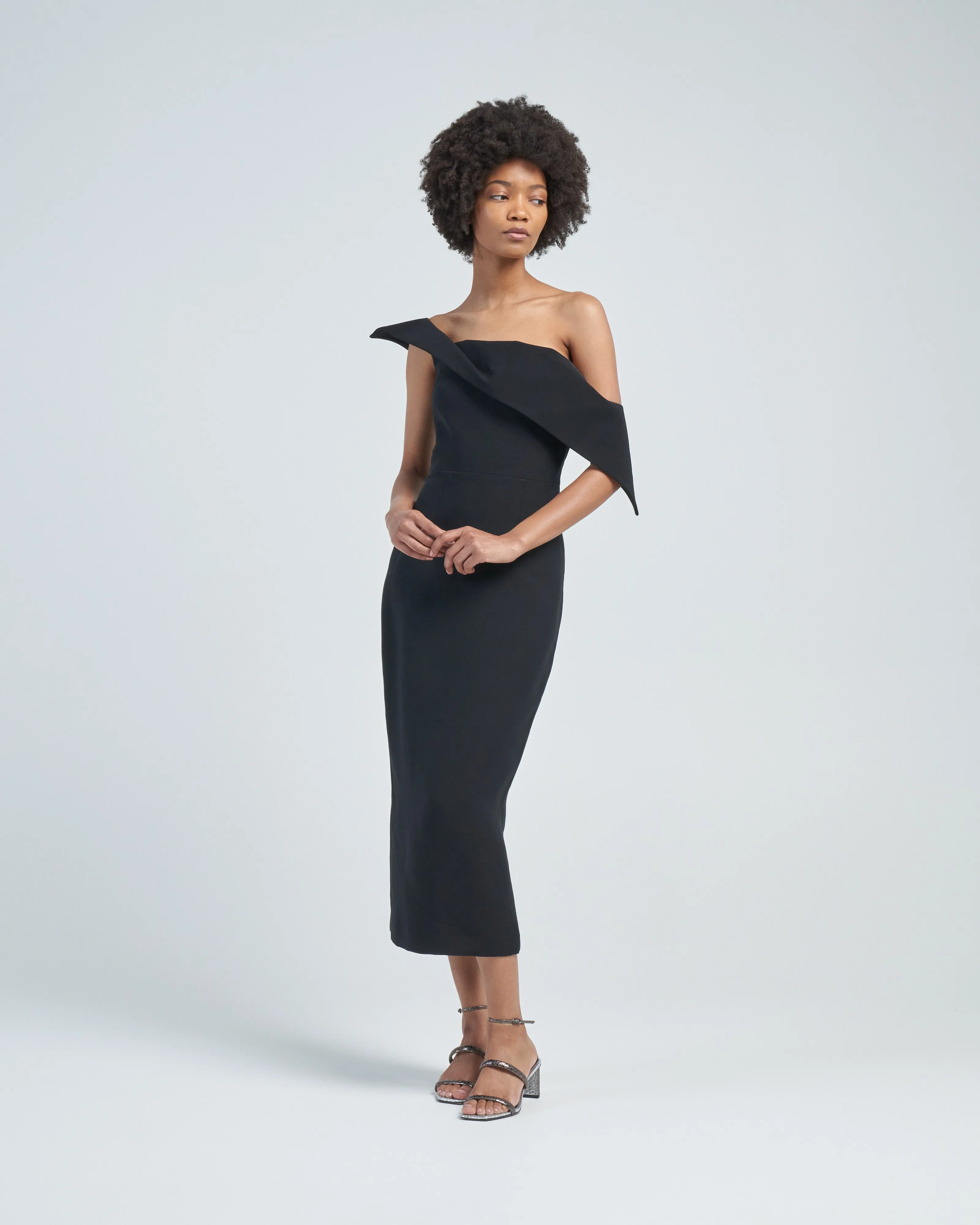asymmetric wool silk midi dress black
