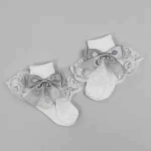 Baby Girl Fancy White Ankle Socks With Grey Satin Bow