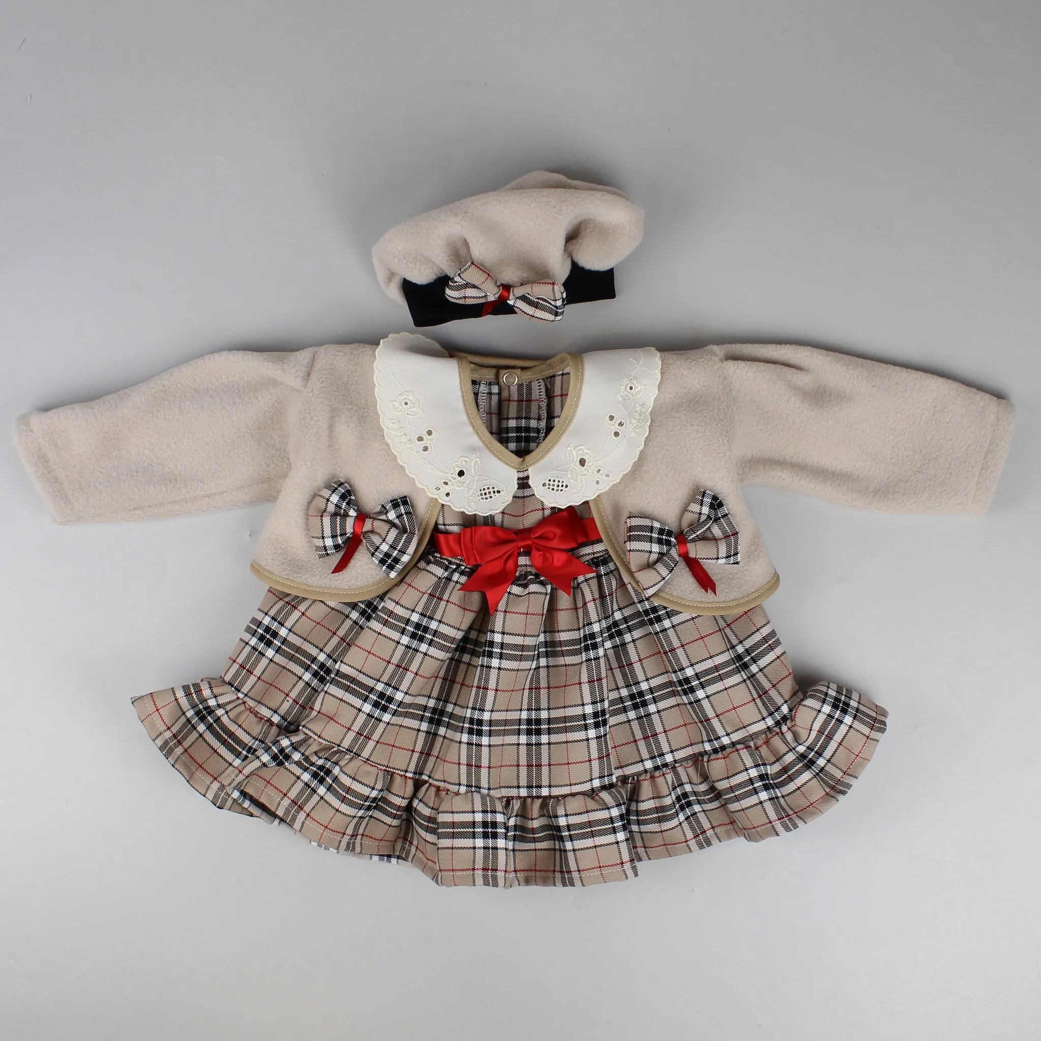 Baby Girls Beige Tartan Dress, Jacket and Hat Outfit
