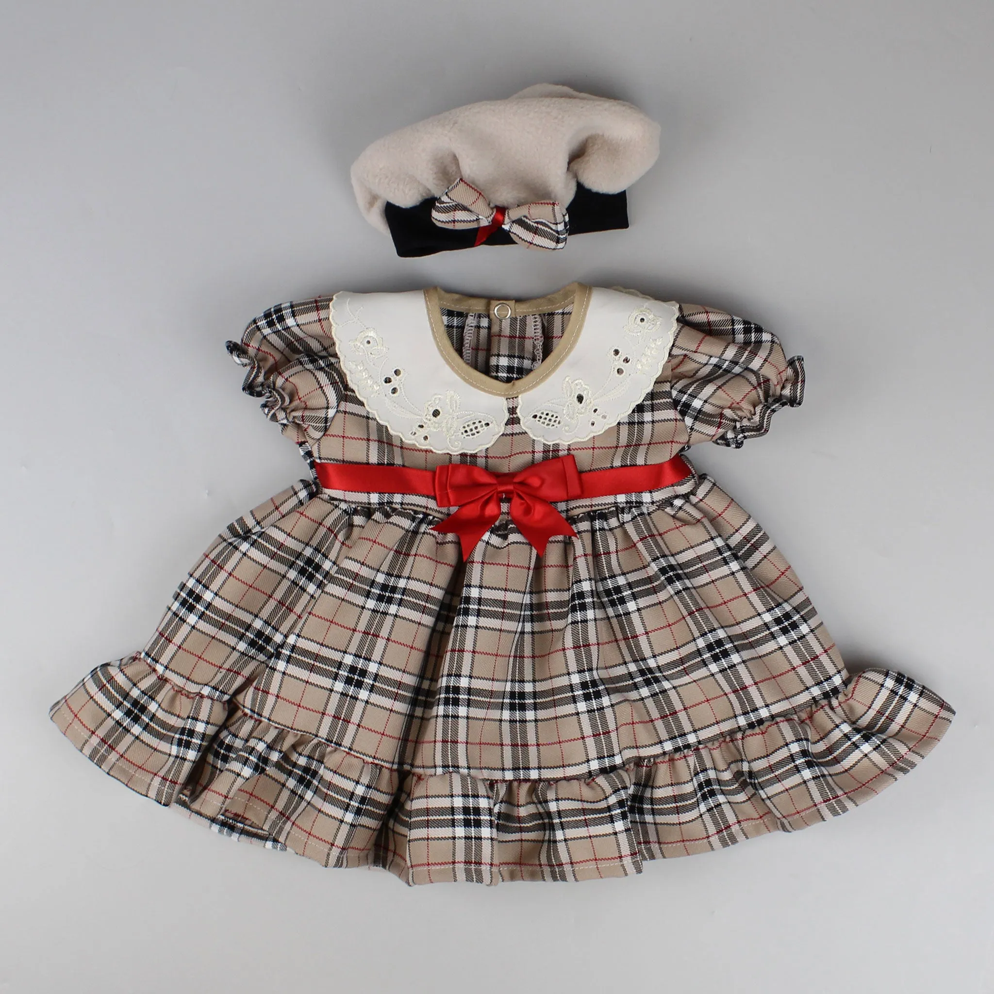Baby Girls Beige Tartan Dress, Jacket and Hat Outfit