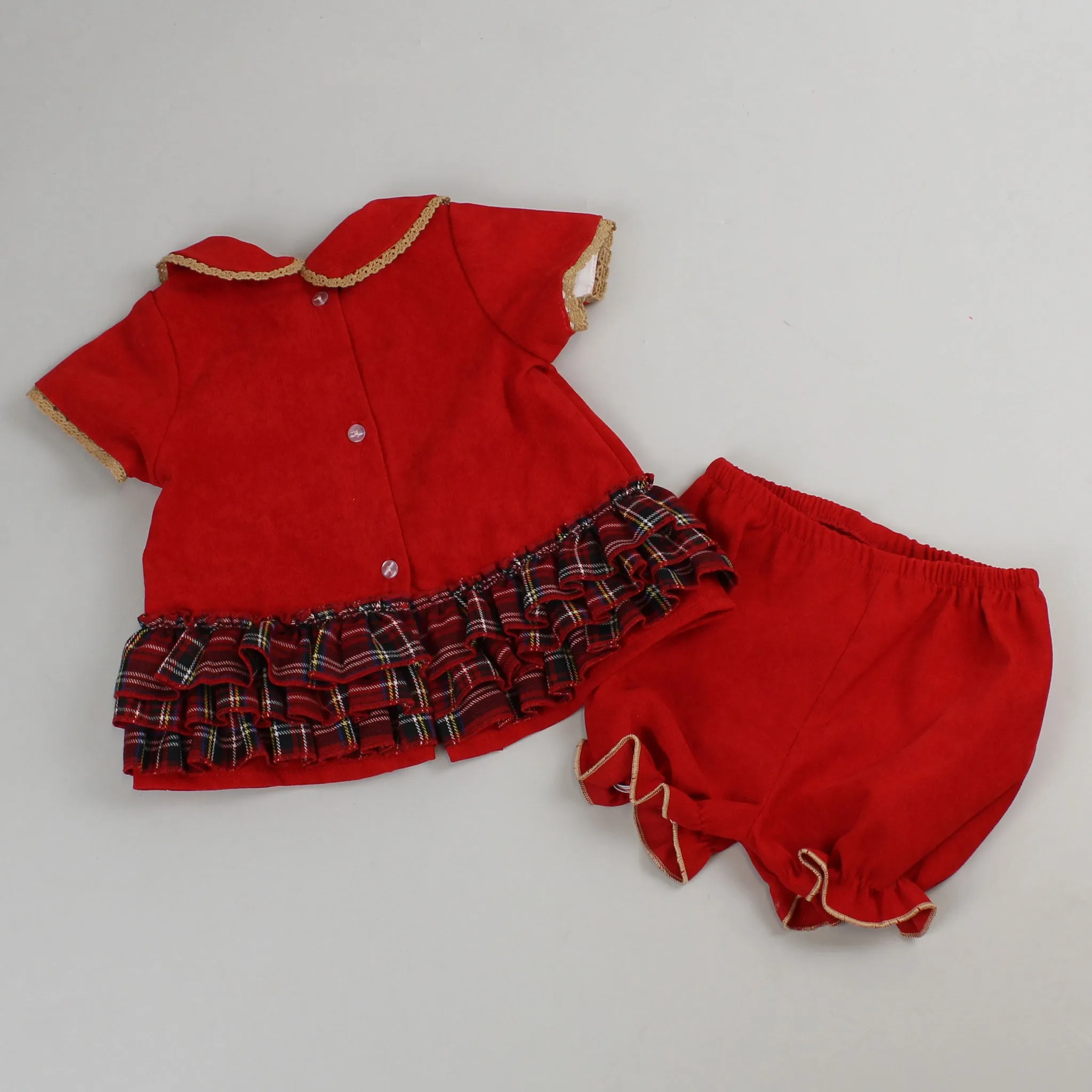 Baby Girls Tartan & Red Velvet Dress With Bloomers