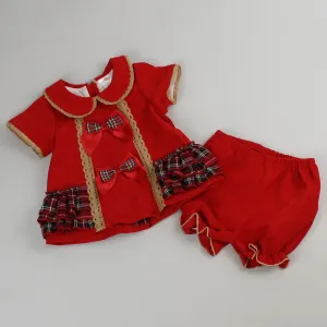 Baby Girls Tartan & Red Velvet Dress With Bloomers