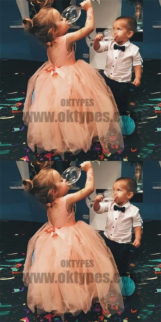 Ball Gown Round Neck Open Back Peach Tulle Flower Girl Dress with Sash, TYP0717