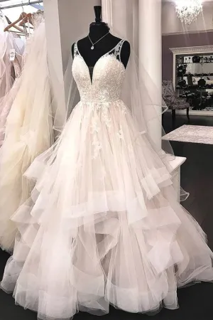 Ball Gown V Neck Tulle Lace Wedding Dresses