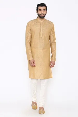 Banarasi Art Silk Cotton Blend Beige Long Kurta Pajama