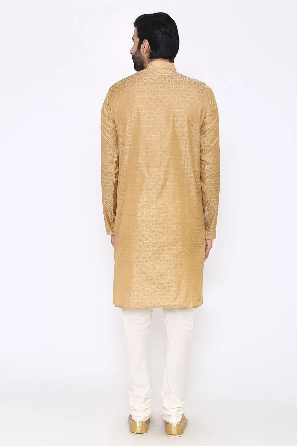 Banarasi Art Silk Cotton Blend Beige Long Kurta Pajama