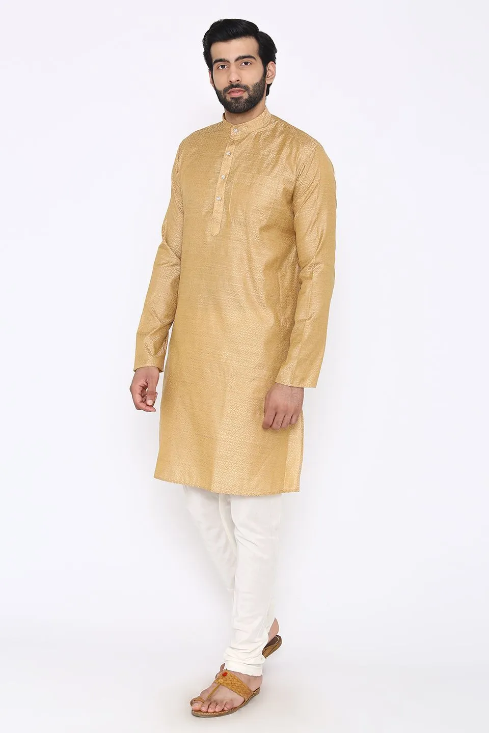 Banarasi Art Silk Cotton Blend Beige Long Kurta Pajama