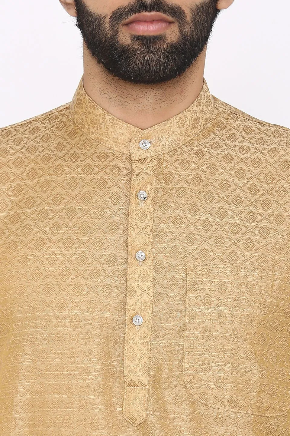 Banarasi Art Silk Cotton Blend Beige Long Kurta Pajama