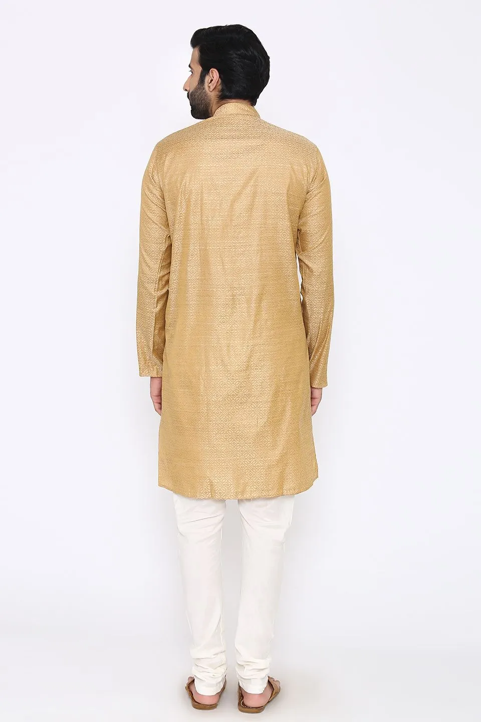 Banarasi Art Silk Cotton Blend Beige Long Kurta Pajama