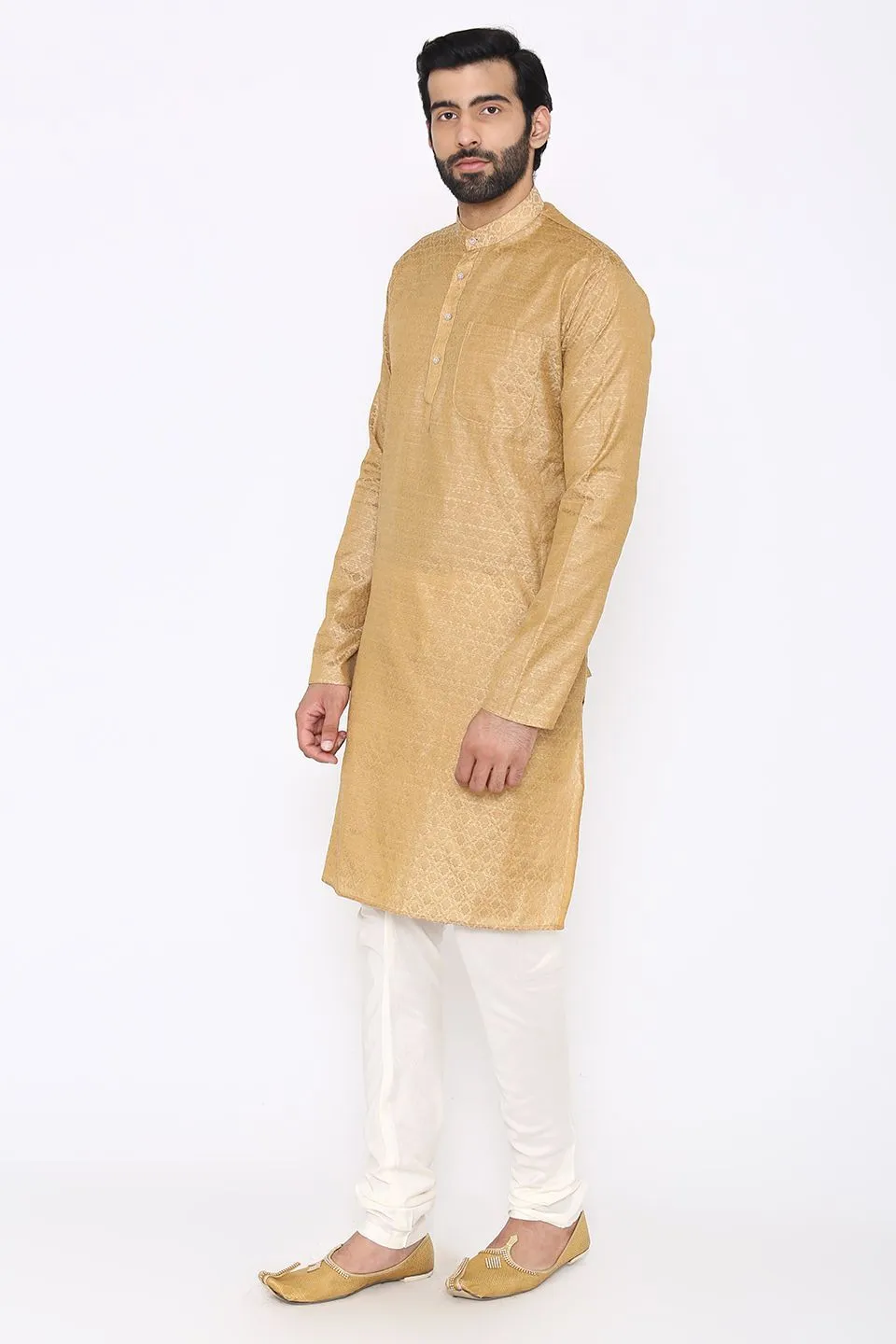 Banarasi Art Silk Cotton Blend Beige Long Kurta Pajama