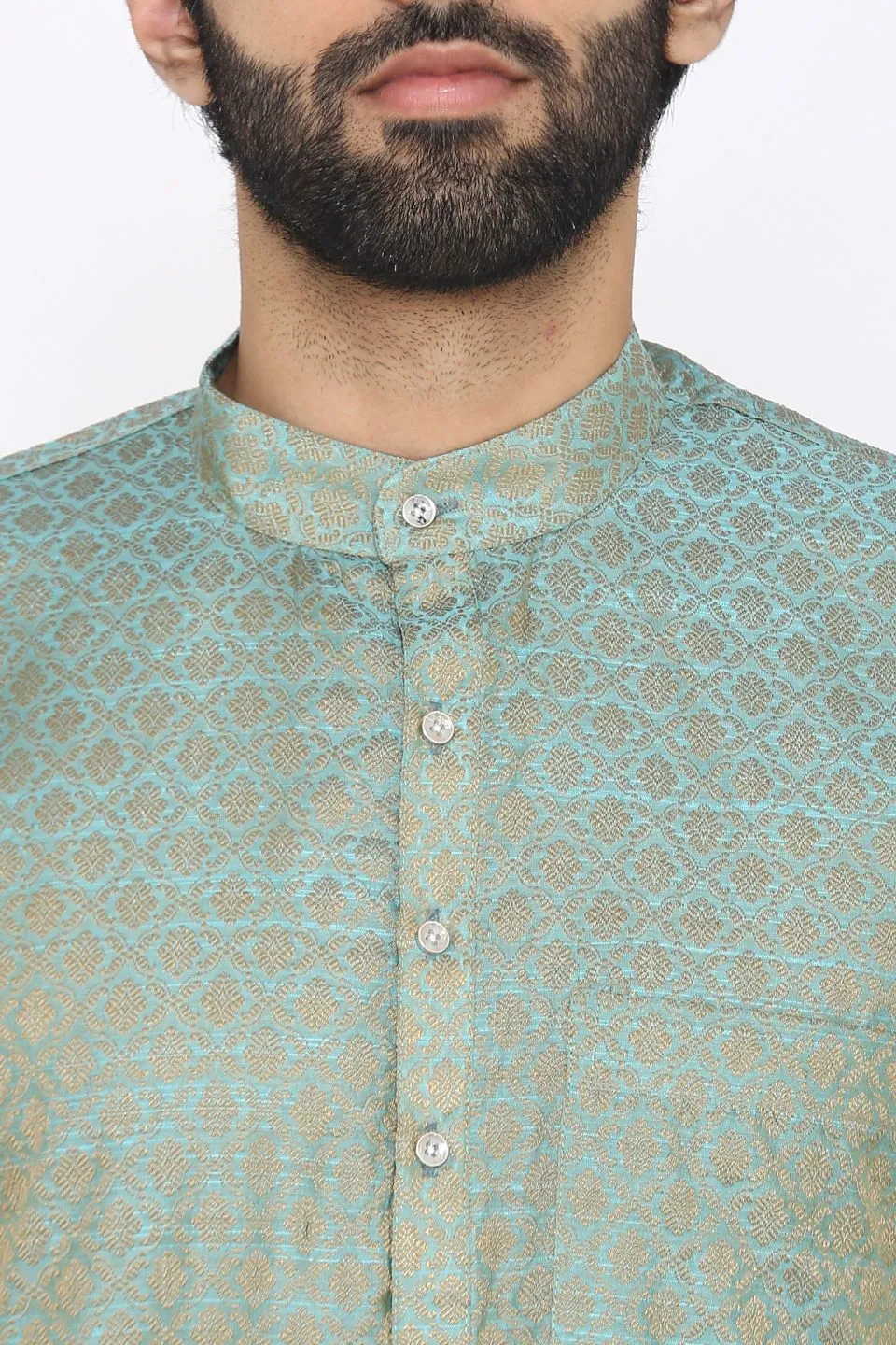 Banarasi Art Silk Cotton Blend Blue Long Kurta Pajama
