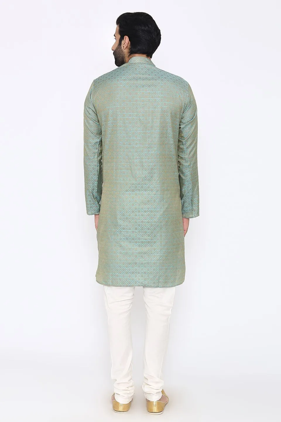 Banarasi Art Silk Cotton Blend Blue Long Kurta Pajama