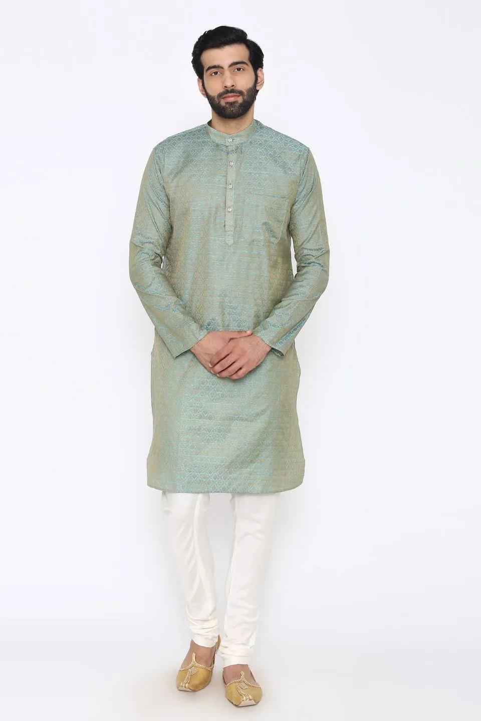 Banarasi Art Silk Cotton Blend Blue Long Kurta Pajama