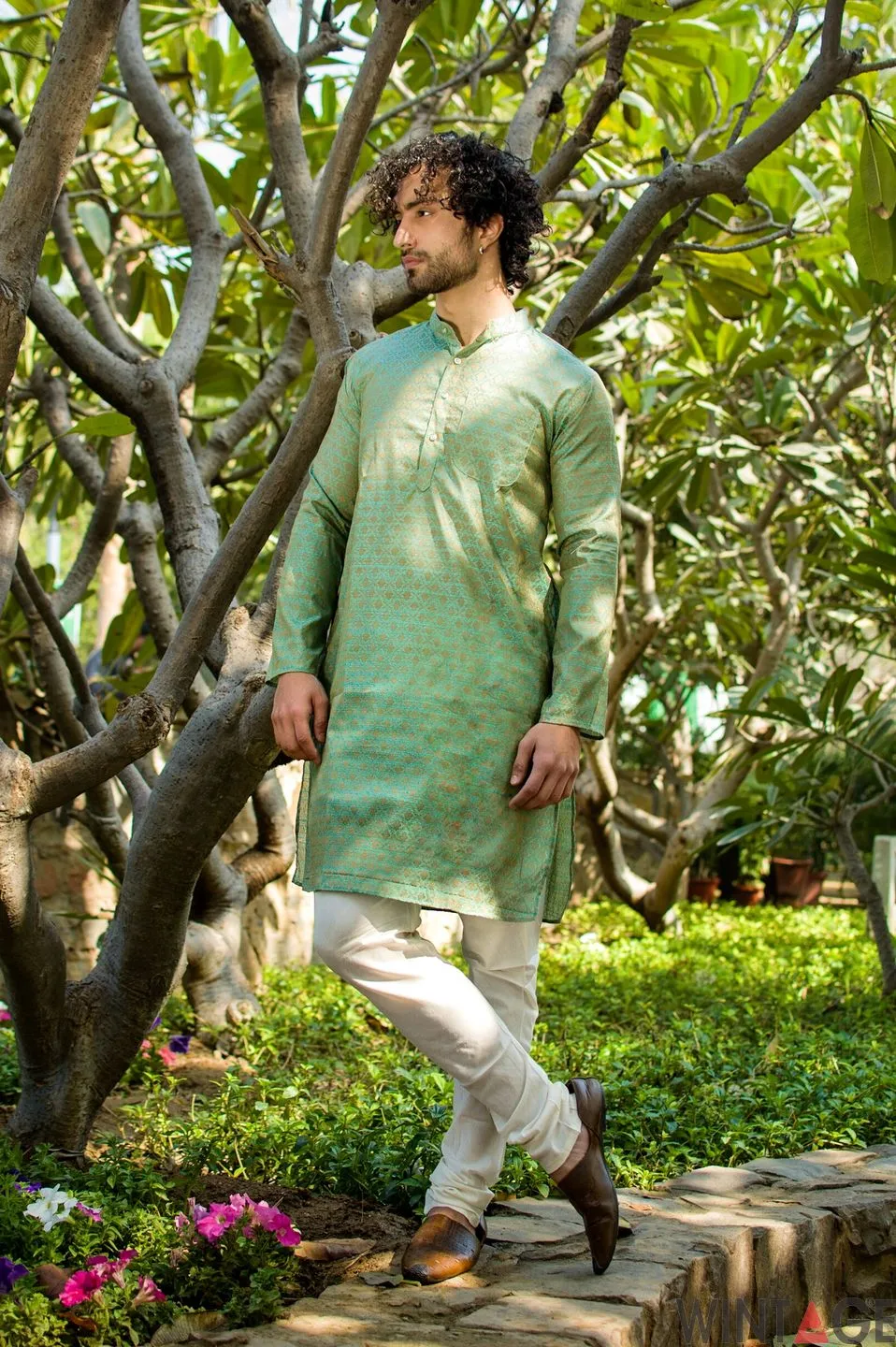 Banarasi Art Silk Cotton Blend Blue Long Kurta Pajama