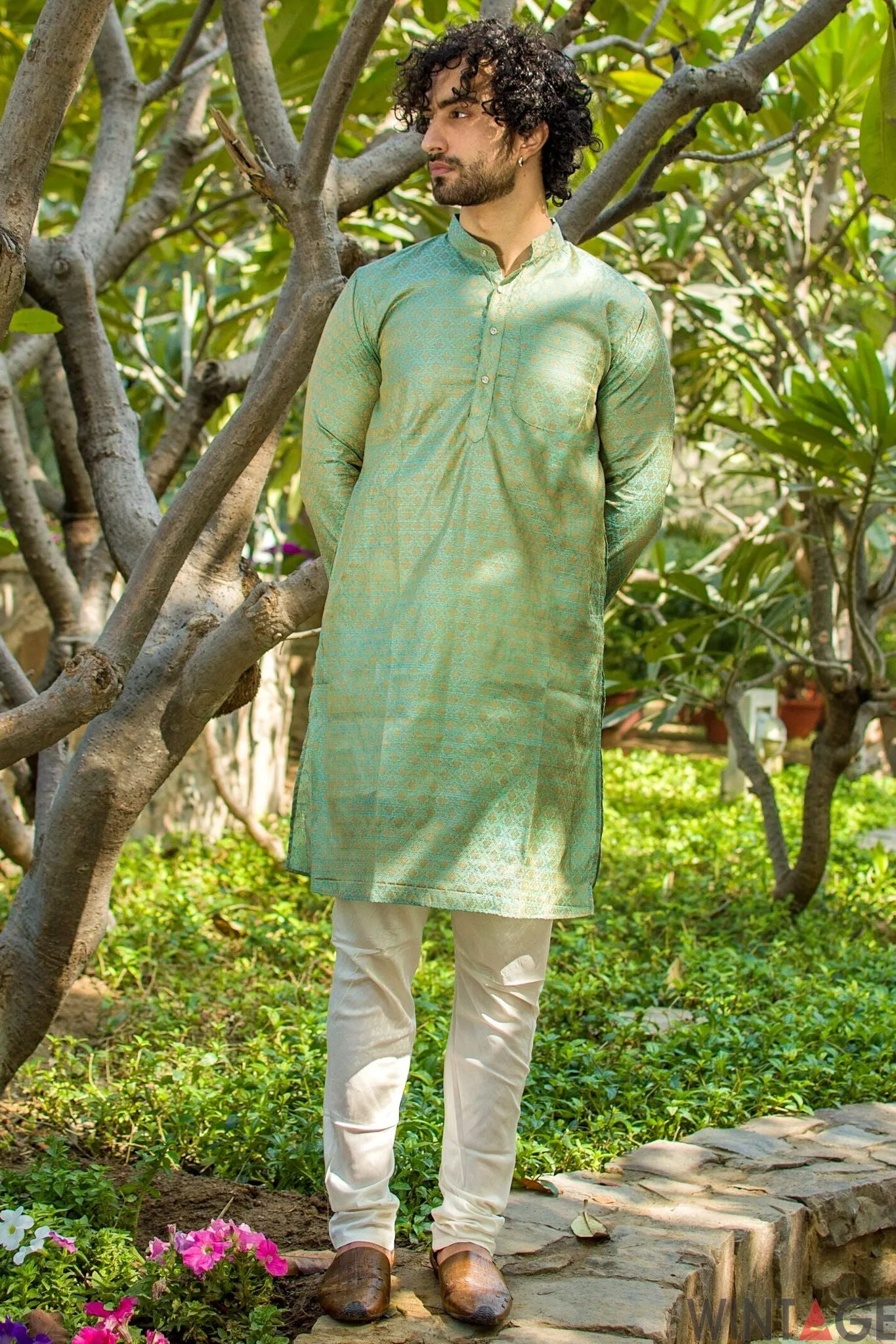 Banarasi Art Silk Cotton Blend Blue Long Kurta Pajama