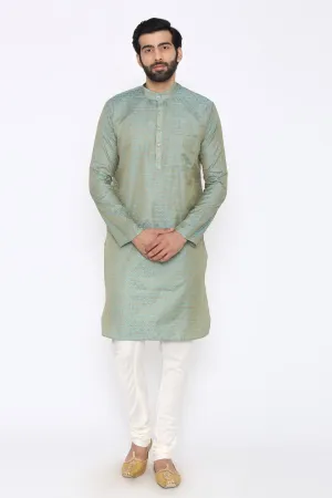 Banarasi Art Silk Cotton Blend Blue Long Kurta Pajama