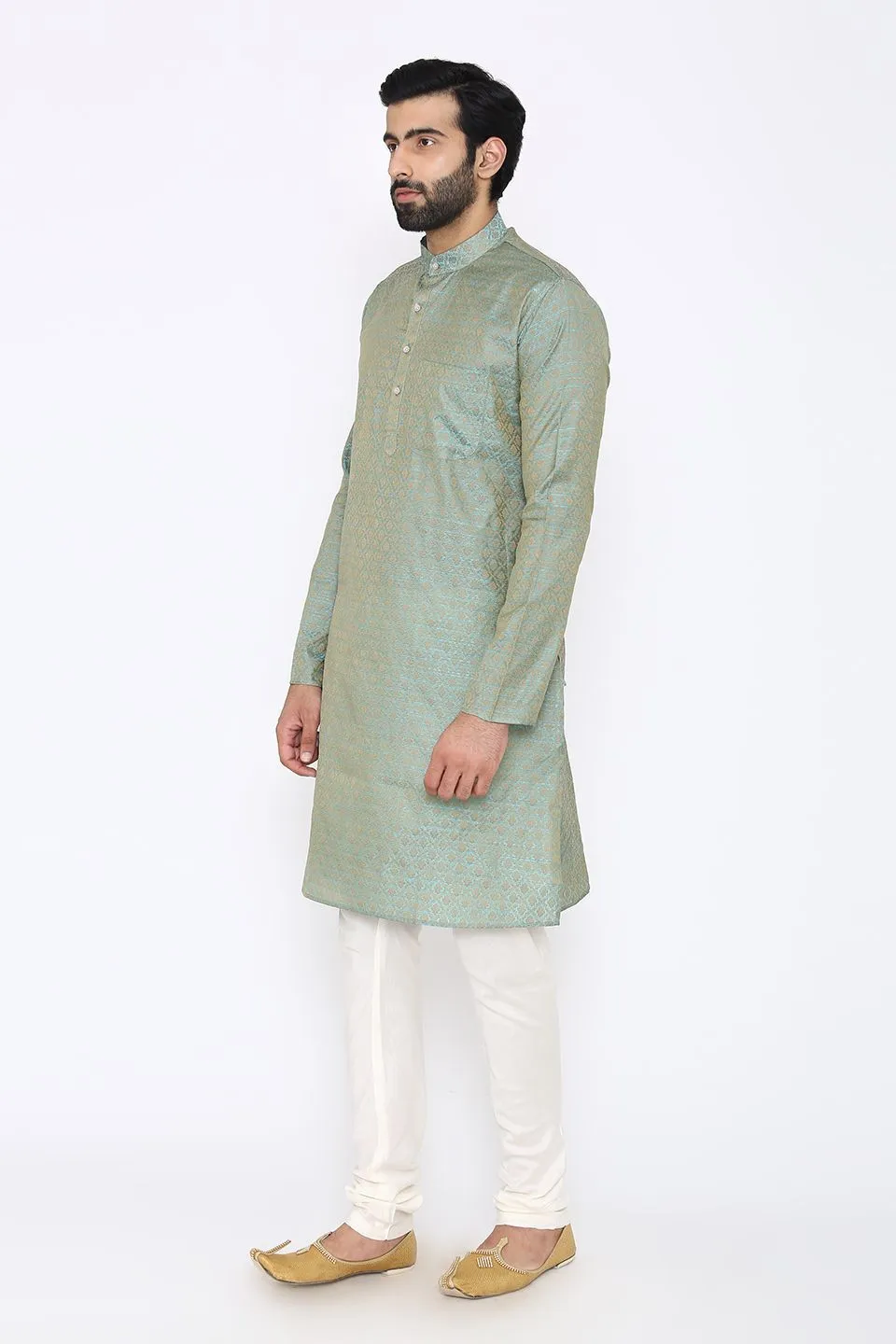 Banarasi Art Silk Cotton Blend Blue Long Kurta Pajama