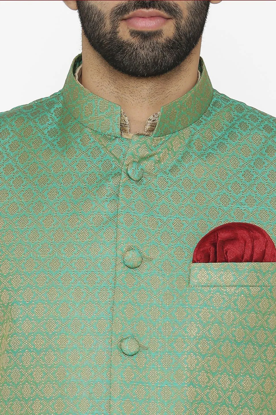 Banarasi Art Silk Cotton Blend Green Modi Nehru Jacket