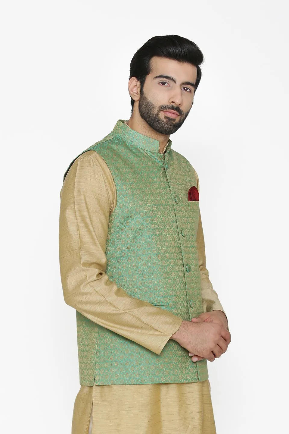 Banarasi Art Silk Cotton Blend Green Modi Nehru Jacket