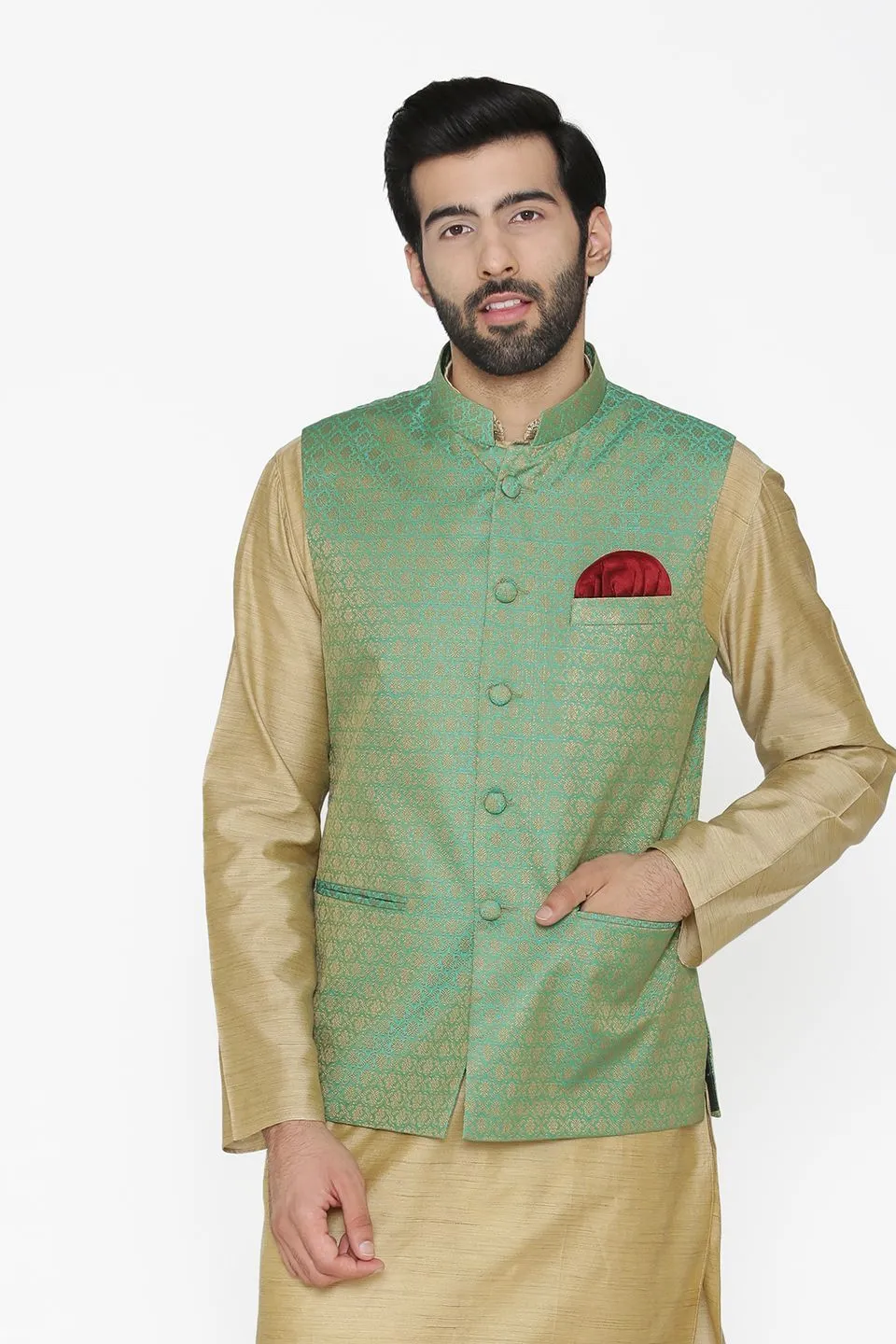 Banarasi Art Silk Cotton Blend Green Modi Nehru Jacket