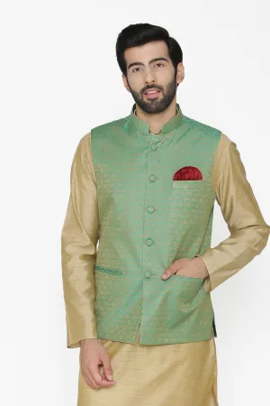 Banarasi Art Silk Cotton Blend Green Modi Nehru Jacket