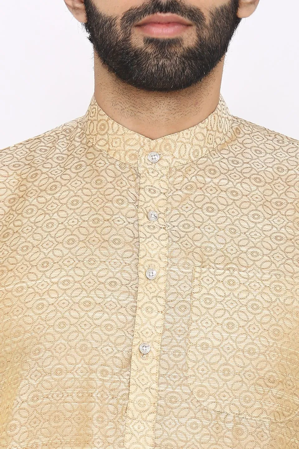 Banarasi Art Silk Cotton Blend Off-White Long Kurta Pajama