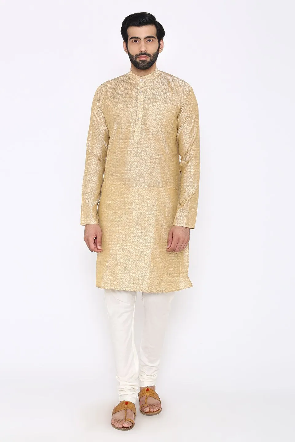 Banarasi Art Silk Cotton Blend Off-White Long Kurta Pajama
