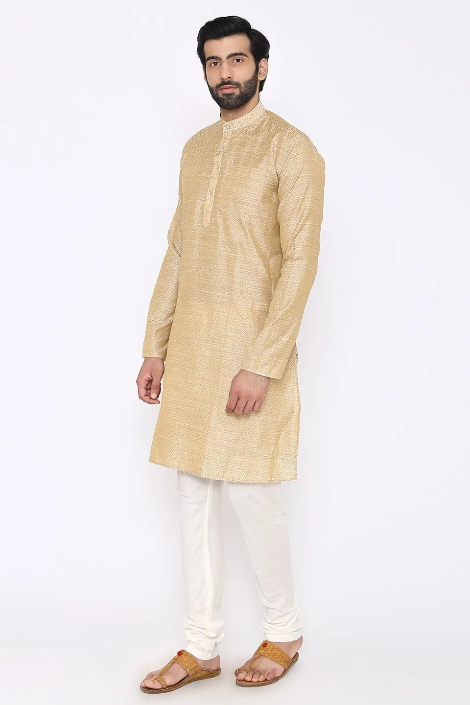 Banarasi Art Silk Cotton Blend Off-White Long Kurta Pajama