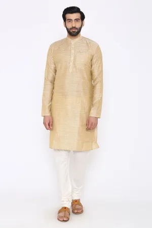 Banarasi Art Silk Cotton Blend Off-White Long Kurta Pajama